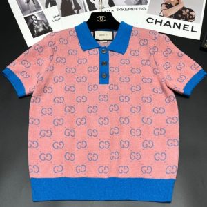 Replica Designer Gucci Women GG Letter Color Matching Lapel Short-Sleeved Knitted POLO Shirt