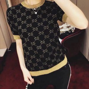 Replica Designer Gucci Women GG Letter Jacquard Short-Sleeved Fashion Knitted Top