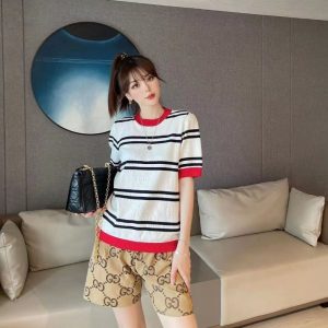 Replica Designer Gucci Women Hollow Contrast Color Ice Silk Knit Sweater Round Neck Short Sleeve Stripe Intarsia Pattern T-Shirt