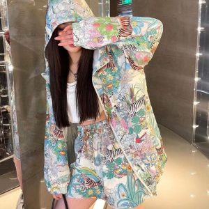 Replica Designer Gucci Women Hooded Flower Tiger Print Jacket And Shorts Set
