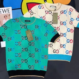 Replica Designer Gucci Women Jacquard Short Sleeved Knitted Retro Fashion Top