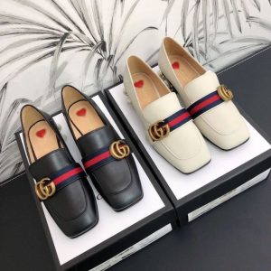 Replica Designer Gucci Women Leather Square Toe Thick Heel Loafers Slippers