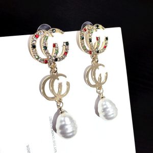 Replica Designer Gucci Women Letter Personality Full Diamond Pearl Earrings