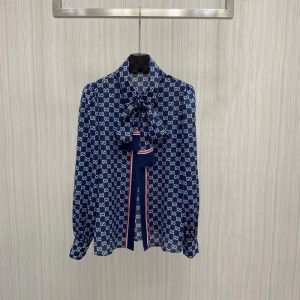 Replica Designer Gucci Women Letter Printing Streamer Bow Long Sleeve Shirt
