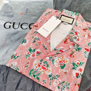Replica Designer Gucci Women Men Flower Full Print Beach Vacation Lapel Short-Sleeved Shirt Top