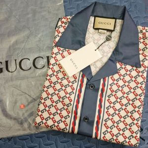 Replica Designer Gucci Women Men Letter Hit Color Trend Casual Fashion Lapel Button Loose Short-Sleeved Shirt