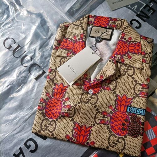 Replica Designer Gucci Women Men Pineapple Letter G Old Flower Full Print Trend Casual Fashion Loose Short-Sleeved Shirt