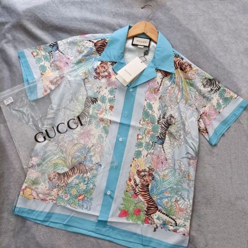 Replica Designer Gucci Women Men Tiger Flower Trend Casual Thin Short-Sleeved Shirt Top
