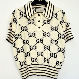 Replica Designer Gucci Women Polo Lapel Button G Old Flower Short-Sleeved Knitted Pullover Top