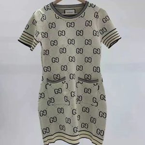Replica Designer Gucci Women Pullover Round Neck GG Pocket Knitted Waist T-Shirt Dress