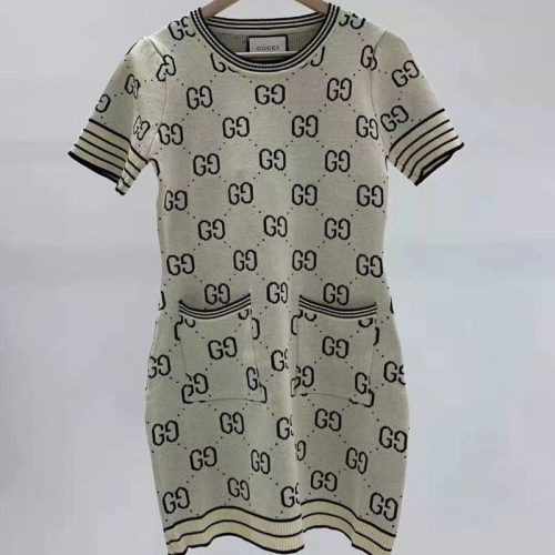 Replica Designer Gucci Women Pullover Round Neck GG Pocket Knitted Waist T-Shirt Dress