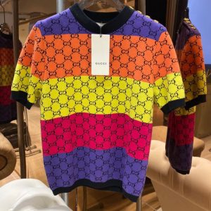 Replica Designer Gucci Women Rainbow Color Button Design Knitted Short-Sleeved Top