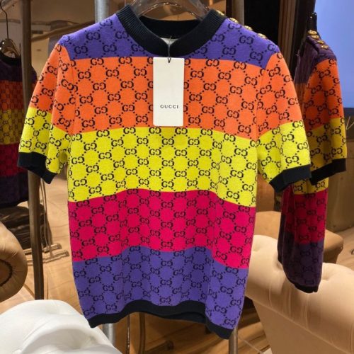 Replica Designer Gucci Women Rainbow Color Button Design Knitted Short-Sleeved Top
