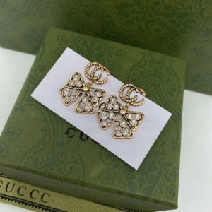 Replica Designer Gucci Women Retro Butterfly Rhinestone Double G Letter Fashion Earrings