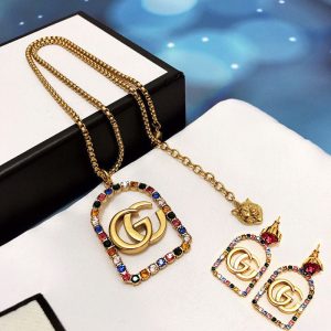 Replica Designer Gucci Women Retro Colored Diamond Square Necklace Earrings