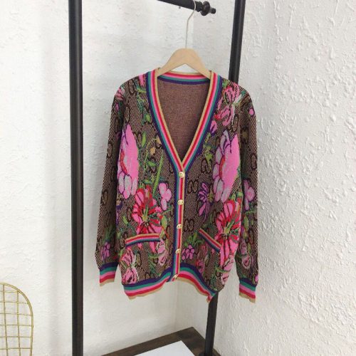 Replica Designer Gucci Women Retro Light Luxury Gold Thread Floral Contrast Color Stitching Loose V-Neck Temperament Thin Jacquard Knitted Cardigan Ja