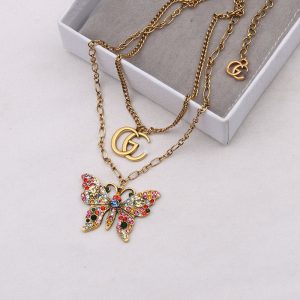 Replica Designer Gucci Women Retro Multi-Layer Colored Diamond Butterfly Necklace