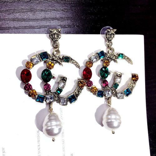 Replica Designer Gucci Women Retro Multicolor Crystal Exaggerated Letters Irregular Earrings