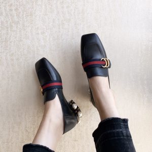 Replica Designer Gucci Women Retro Square Head Pearl With Thick Heel Loafer