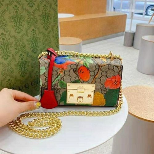 Replica Designer Gucci Women Strawberry Print Lock Small Square Shoulder Bag