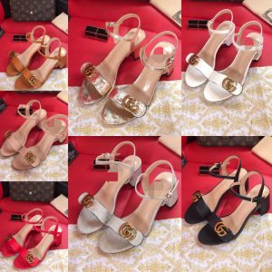 Replica Designer Gucci Women Thick Heel Metal Buckle Sandals