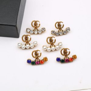 Replica Designer Gucci Women Vintage Double G Color Diamond Flash Diamond Pearl Stud Earrings
