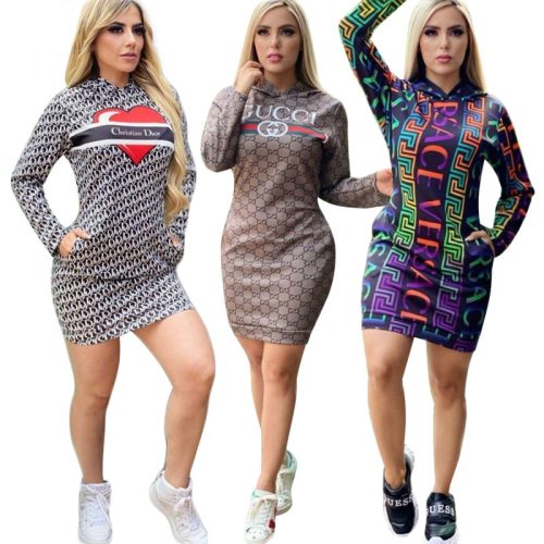 Replica Designer Gucci Women'S Stylish Hoodie Long Sleeve Printed Dress