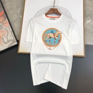 Replica Designer Hermes Men Casual Printed Round Collar T-Shirt