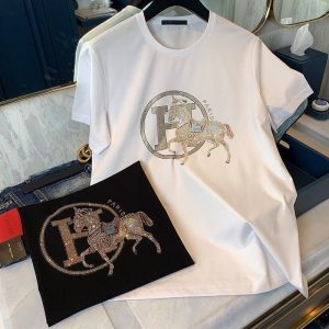 Replica Designer Hermes Men Colored Rhinestone Short-Sleeved T-Shirt