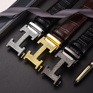 Replica Designer Hermes Men Crocodile Skin Pattern Leather Automatic H Buckle Belt