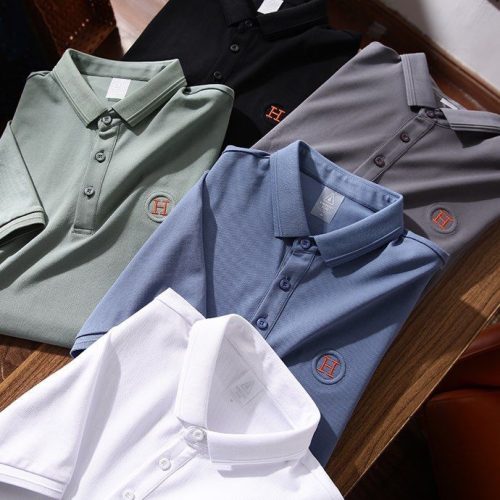 Replica Designer Hermes Men H Letter Embroidery Design Solid Color Men Polo Shirt