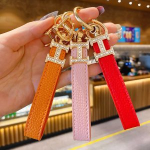 Replica Designer Hermes Rhinestone Decor H Letter PU Rope Key Chain