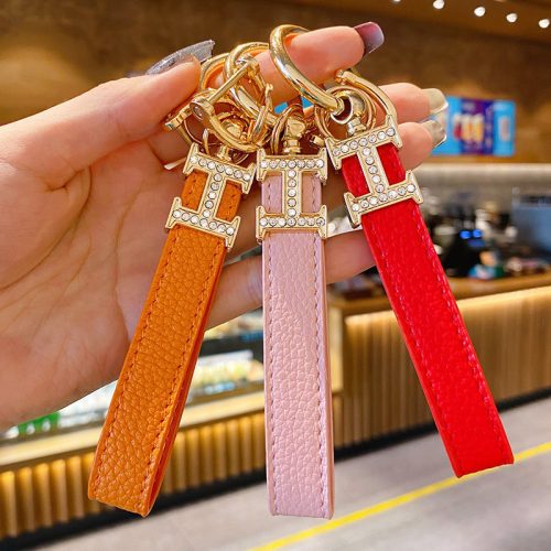 Replica Designer Hermes Rhinestone Decor H Letter PU Rope Key Chain