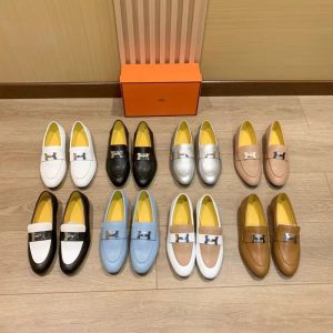 Replica Designer Hermes Women Fashion Leather Round Toe H Buckle Flat Shoe