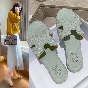 Replica Designer Hermes Women Fashion Pearl One-Word Flat Slippers