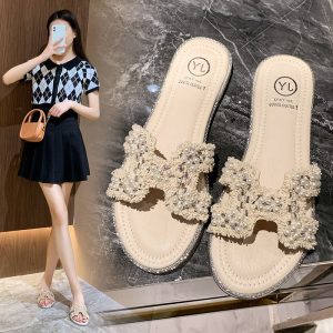 Replica Designer Hermes Women Fashion Pearl Solid Color Flat Slippers