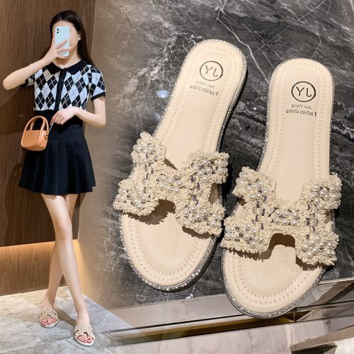 Replica Designer Hermes Women Fashion Pearl Solid Color Flat Slippers