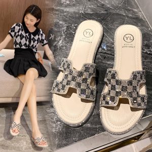 Replica Designer Hermes Women Fashion Rhinestone Flat Slippers