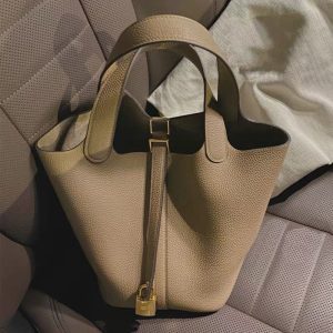 Replica Designer Hermes Women Fashion Soft PU Lychee Grain Bucket Bag