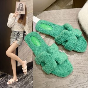 Replica Designer Hermes Women Fashion Solid Color Plush Slippers