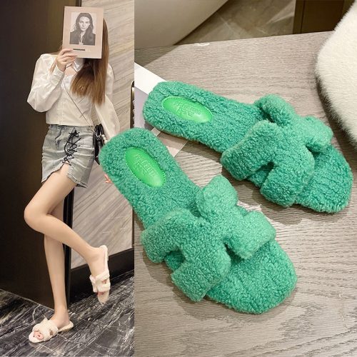 Replica Designer Hermes Women Fashion Solid Color Plush Slippers