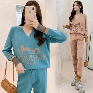 Replica Designer Hermes Women Fashion V-Neck Pullover Knit Sweater And Pants 2PCS Suit