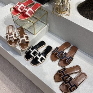 Replica Designer Hermes Women H Letters Leather Casual Flat Slippers