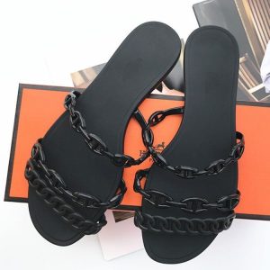 Replica Designer Hermes Women H Pig Nose Chain Flat Slippers
