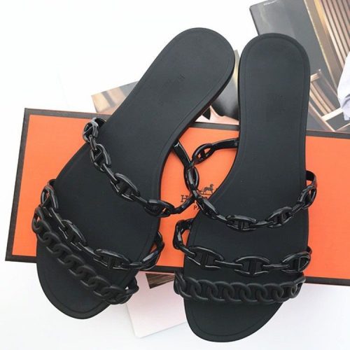 Replica Designer Hermes Women H Pig Nose Chain Flat Slippers