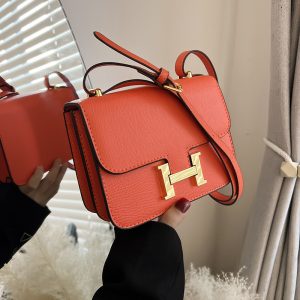 Replica Designer Hermes Women Hardware Lock Lychee Pattern Square PU Bag