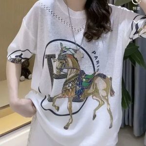 Replica Designer Hermes Women Loose Printed Round Collar Top