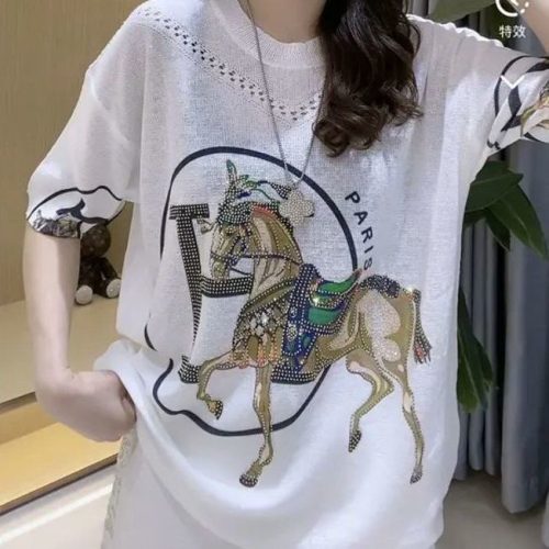 Replica Designer Hermes Women Loose Printed Round Collar Top