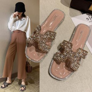Replica Designer Hermes Women Pearl Beaded Non-Slip Flat Slippers