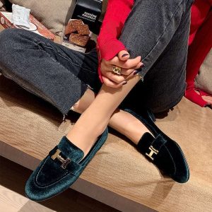 Replica Designer Hermes Women Simple Solid Color Flat Loafers